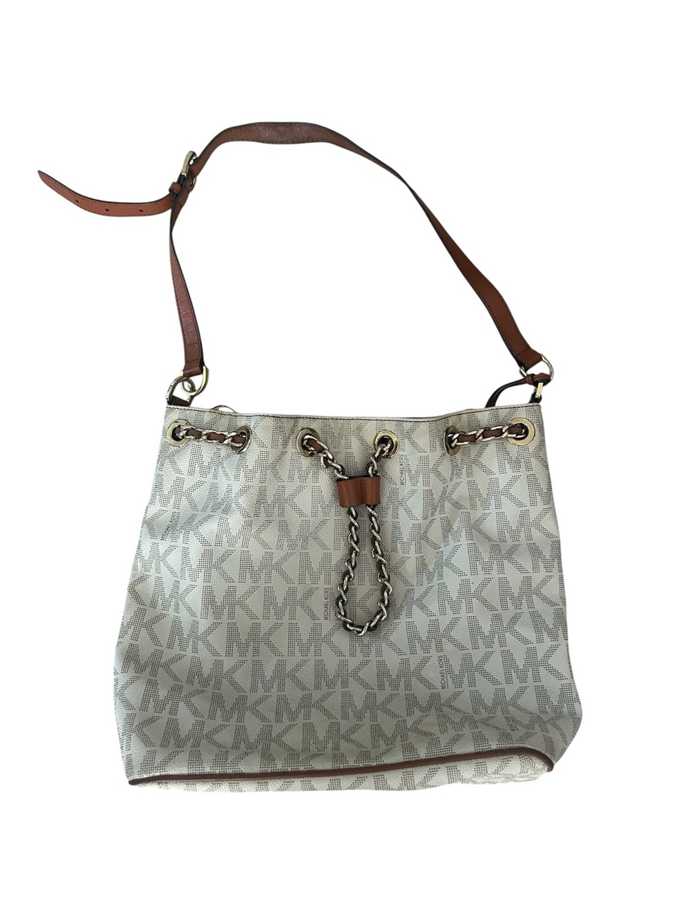 Michael Kors Cream Monogram Drawstring Shoulder Bag with Brown Trim
